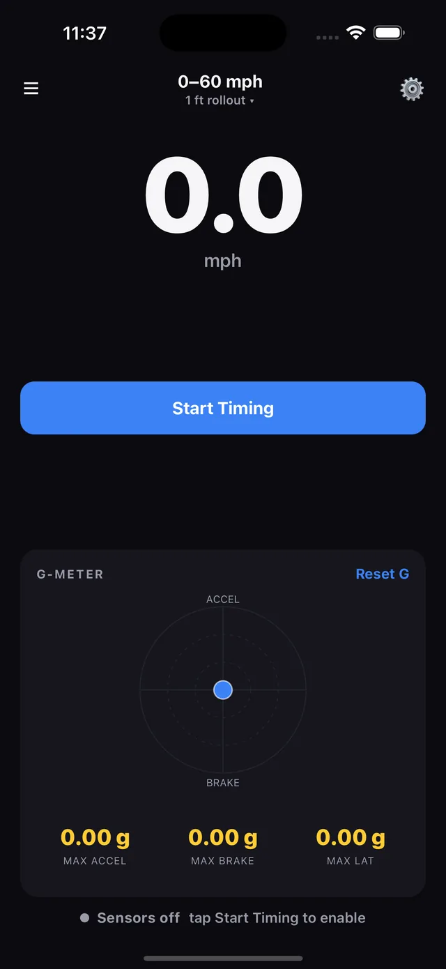 PitLaunch home screen on iPhone: live speed readout at 0.0 mph, Start Timing button and live G-meter showing max accel, brake and lateral g