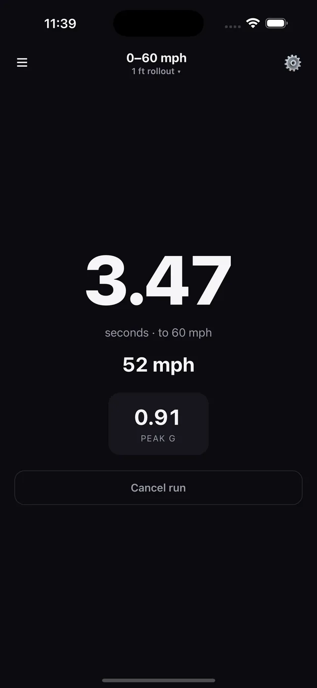 PitLaunch timing a 0–60 mph run: 3.47 seconds elapsed at 52 mph with peak G shown mid-run